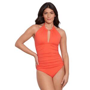 Ralph Lauren High-Neck One-Piece Swimsuit Orange Bathing Suit Tummy Control New